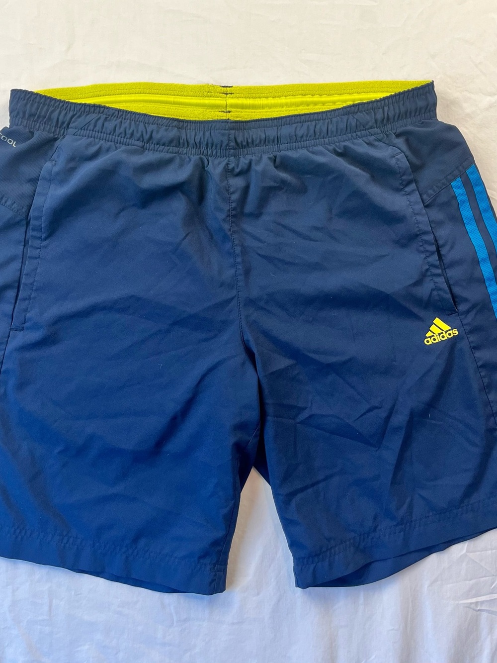 adidas Navy Shorts with Yellow Waistband and Light Blue Trim